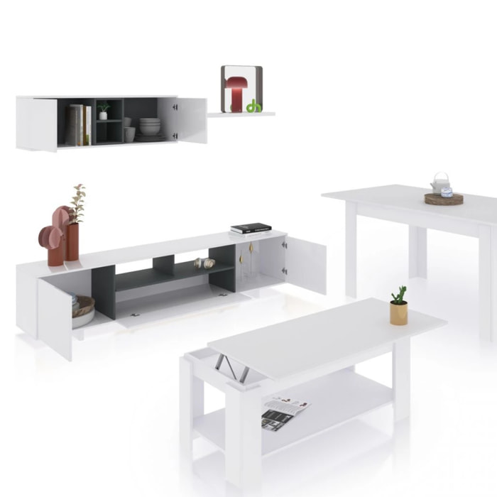 Pack salón con mesa de centro y mesa de comedor Kenzo Max V1A Blanco Brillo - Gris Antracita