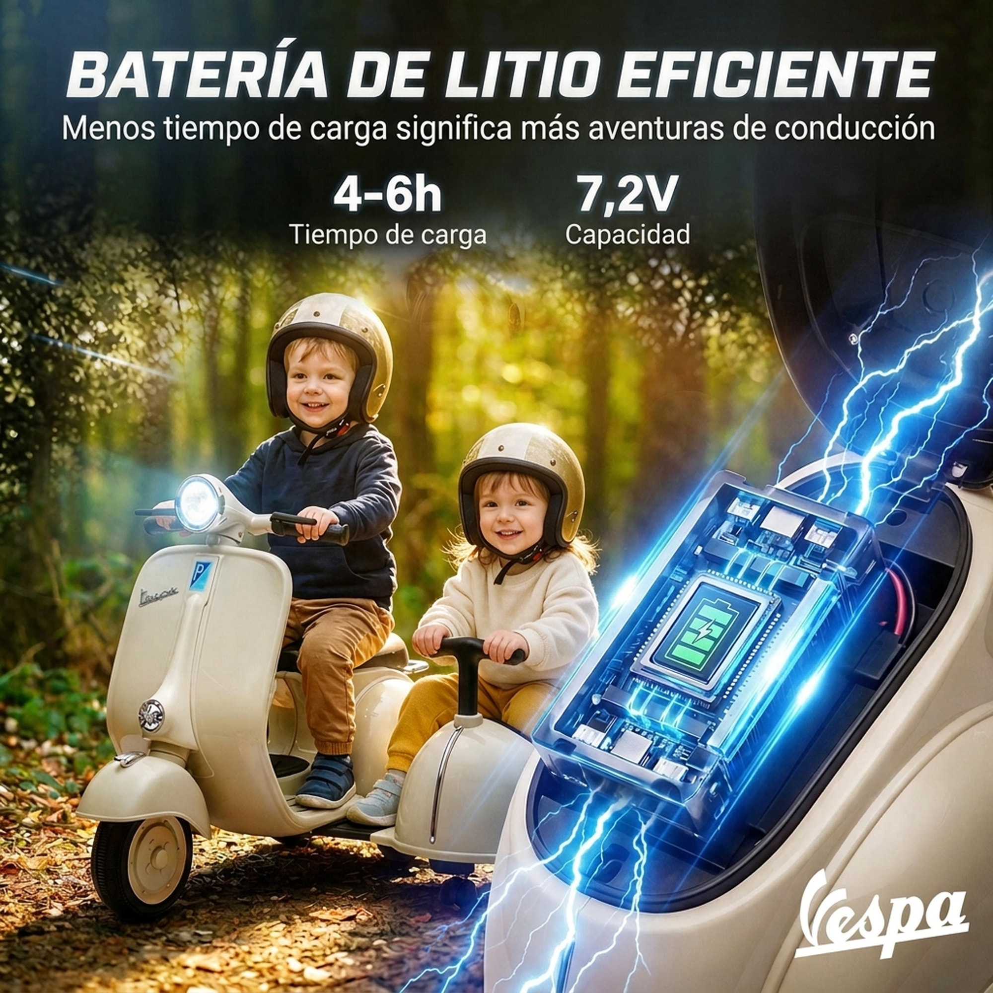Moto Eléctrica para Niños Licencia VESPA 6V con 2 Asientos, Moto Eléctrica Infantil con Arranque Suave, Luz Delantera, Música, Bocina, USB y Almacenamiento, Regalo para Niños +3 Años, Crema