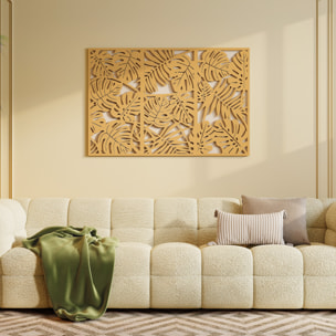 Déco murales feuilles exotiques - tableau triptyque - 40 x 80 cm - effet bois naturel