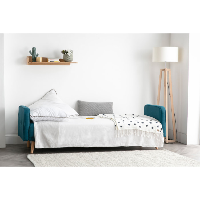 Canapé convertible scandinave 3 places en tissu bleu et bois clair ULLA