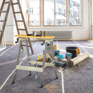 Banco de Trabajo Plegable, 4 en 1, Mesa de Trabajo con 4 Abrazaderas Ajustables, 2 Manivelas, 2 Paneles de MDF, para Garaje y Taller, Carga 100 kg, 62,5x60,5x78,5 cm, Natural y Gris