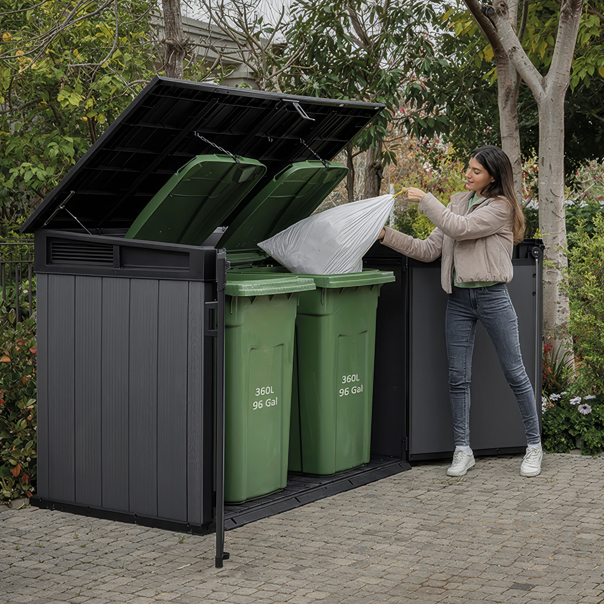 Cortina Mega - Mobili Da Giardino 190,5x132,5x109,3 cm 2 Ante Per Deposito Attrezzi Finitura Effetto Legno Evotech+ In Resina Grigio