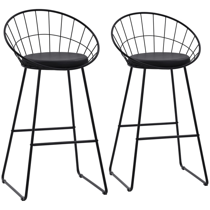 Lot de 2 tabourets de bar 75cm en métal noir et coussin noir ALEX