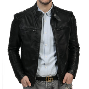 Giubbino in pelle di vitello nappa Nero-Slim Fit