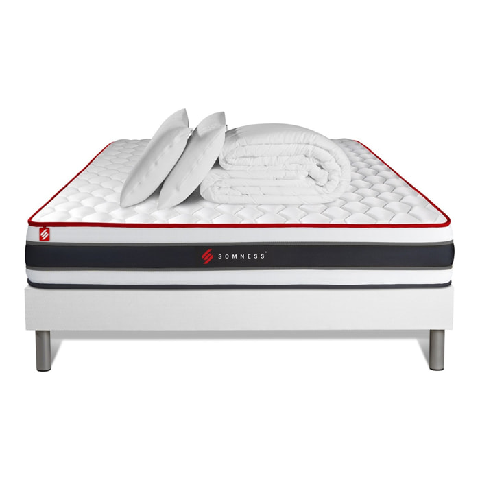 Pack prêt à dormir matelas ENERGY ressorts ensachés et mémoire de forme + sommier kit blanc + Couette + 2 oreillers