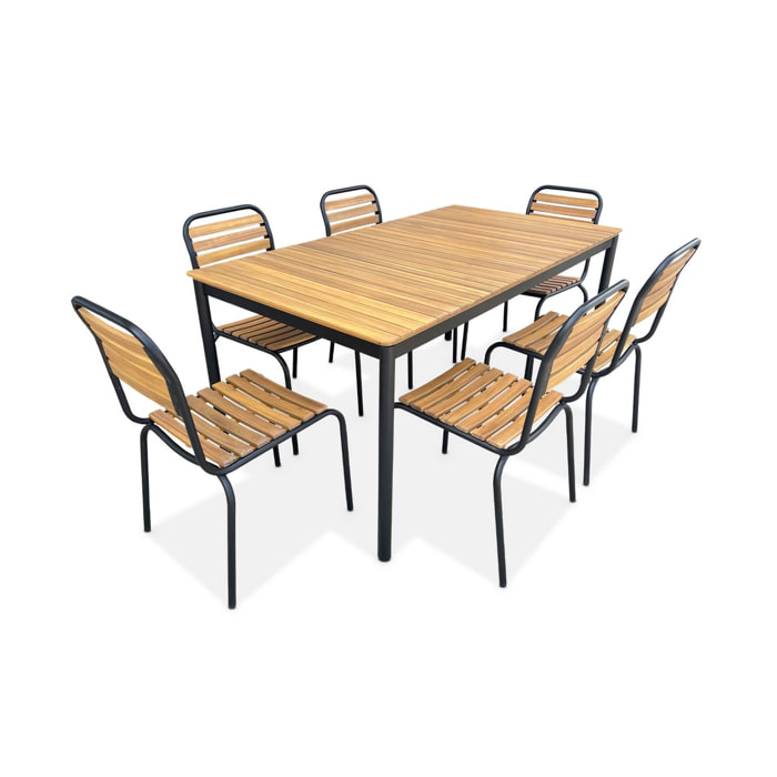 Set complet noir table + 6 chaises TABARA. acier et bois d'acacia FSP