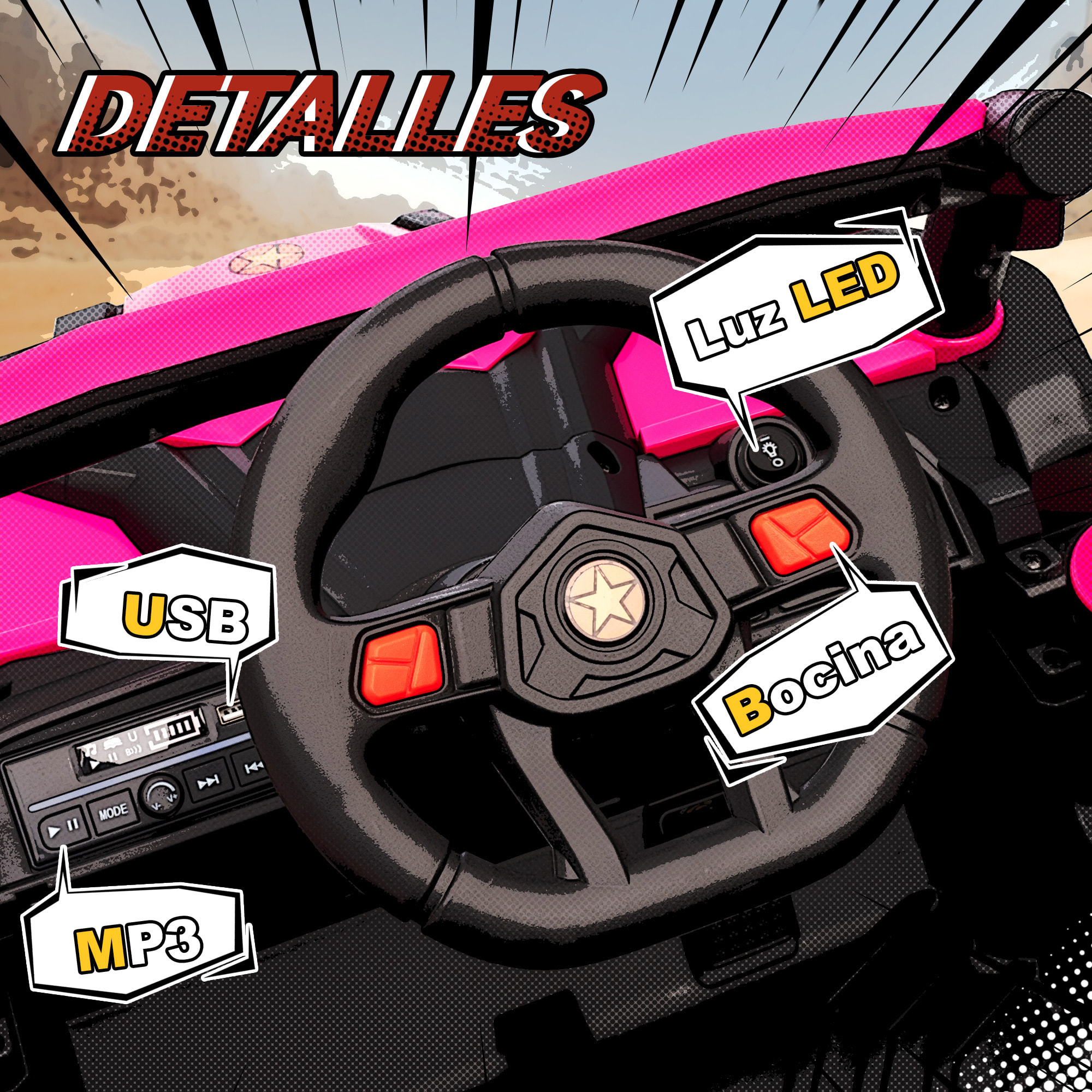 Coche Eléctrico para Niños 12V, Coche de Batería UTV con 2 Motores, Control Remoto 2,4G, Velocidad hasta 7 km/h, Sistema de Suspensión, Faros, USB, para Niños de +3 Años, Rosa