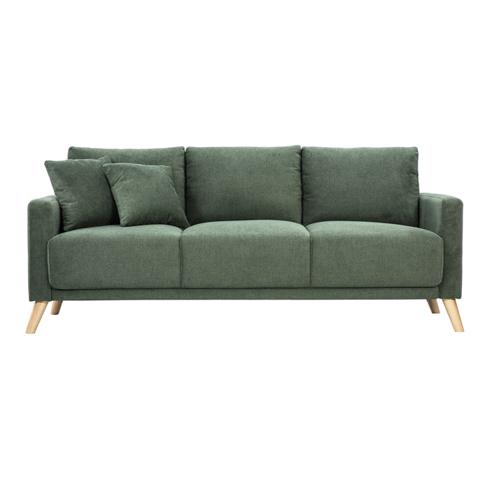 Canapé 3 places en tissu chenille vert kaki et bois clair MUNIK