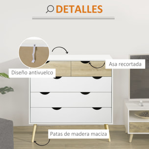 Cómoda con 5 Cajones, Cómoda Dormitorio con Patas Elevadas de Madera, Cajonera para Salón, Oficina, Estilo Nórdico, 99x39x101 cm, Blanco y Roble
