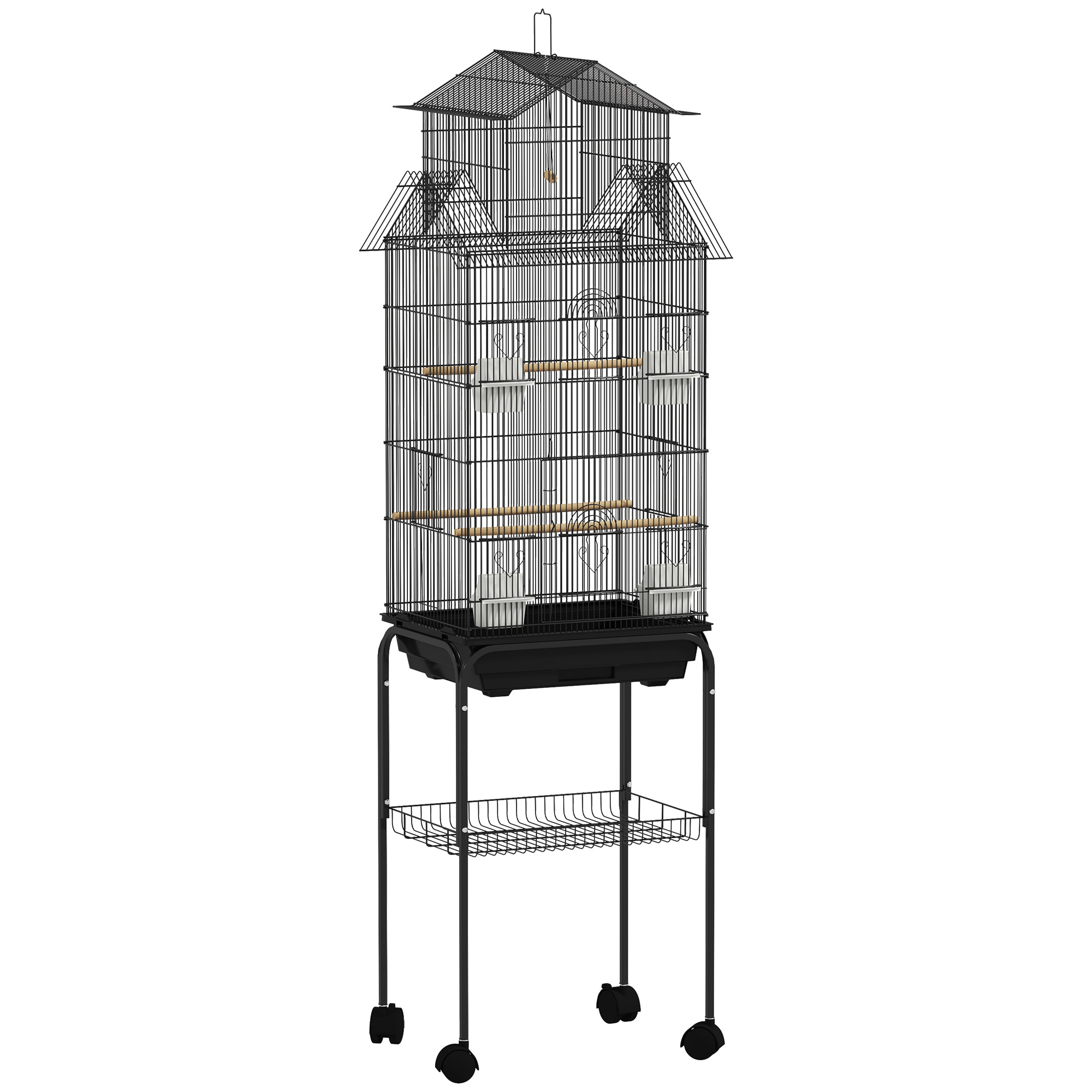 Cage à oiseaux design maison sur roulettes mangeoires perchoirs balançoire grande porte 8 trappes plateau déjection