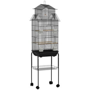 Cage à oiseaux design maison sur roulettes mangeoires perchoirs balançoire grande porte 8 trappes plateau déjection