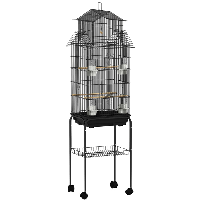 Cage à oiseaux design maison sur roulettes mangeoires perchoirs balançoire grande porte 8 trappes plateau déjection
