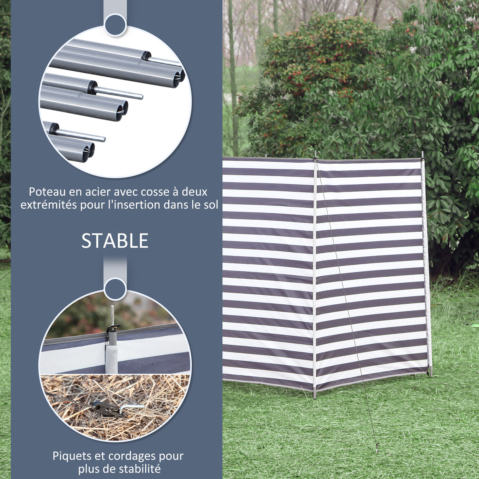Paravent brise-vue de camping portable pliable avec sac de transport et poteaux dim. 540 cm x 150 cm acier polyester bleu blanc rayé