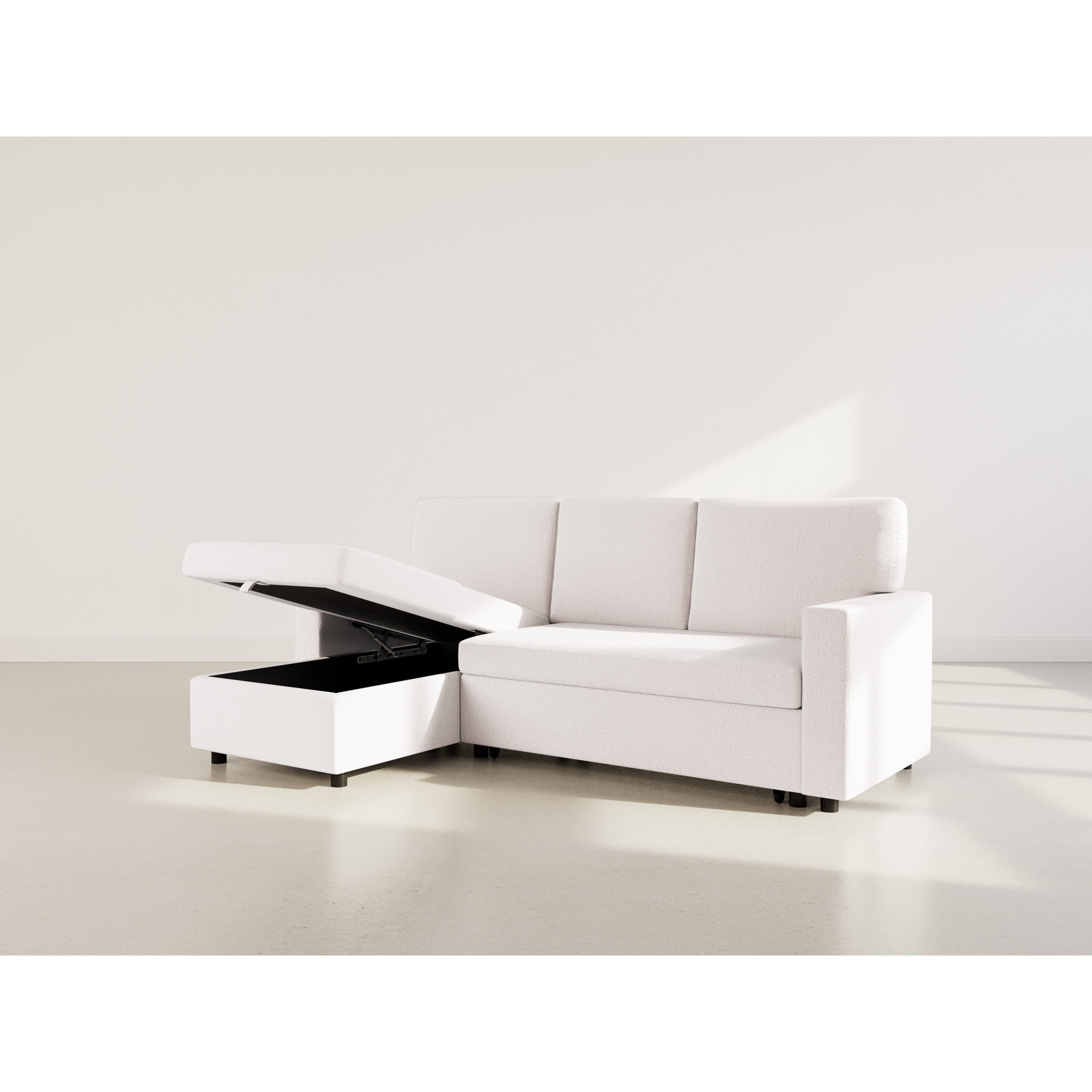 Meiya - Canapé d'angle réversible 4 places convertible avec coffre en tissu bouclette - Beige