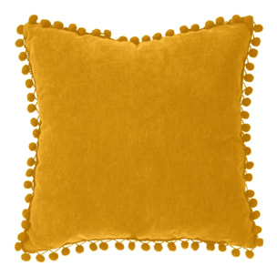 Coussin pompons jaune moutarde 40x40cm
