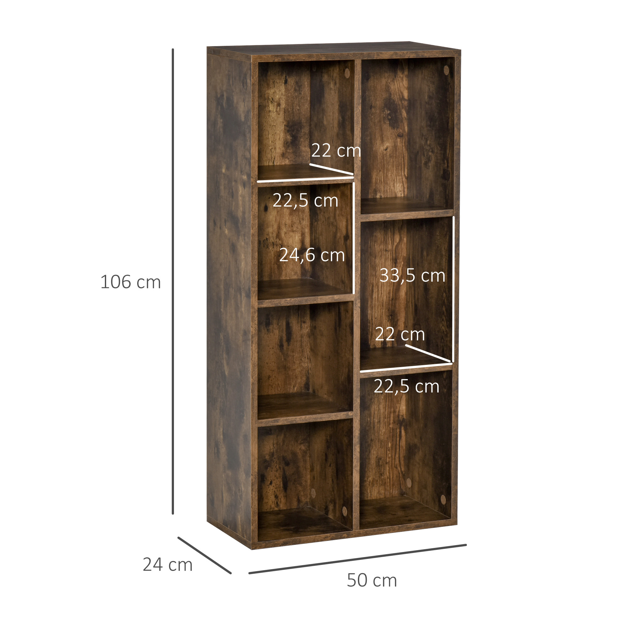 Estantería para Libros Librería de Madera con 7 Compartimentos de Almacenaje Plantas Archivos para Sala de Estar Dormitorio Oficina 50x24x106 cm Marrón Rústico