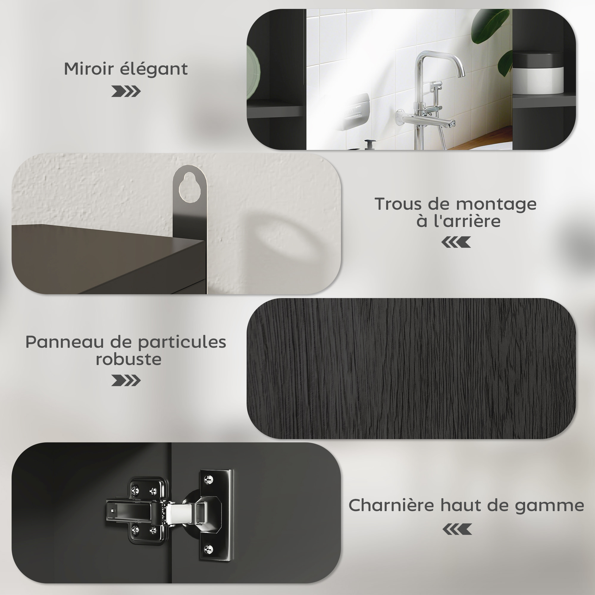 Miroir de salle de bain avec placard et étagères - 4 étagères latérales + 2 étagères intérieures - MDF panneaux particules noir