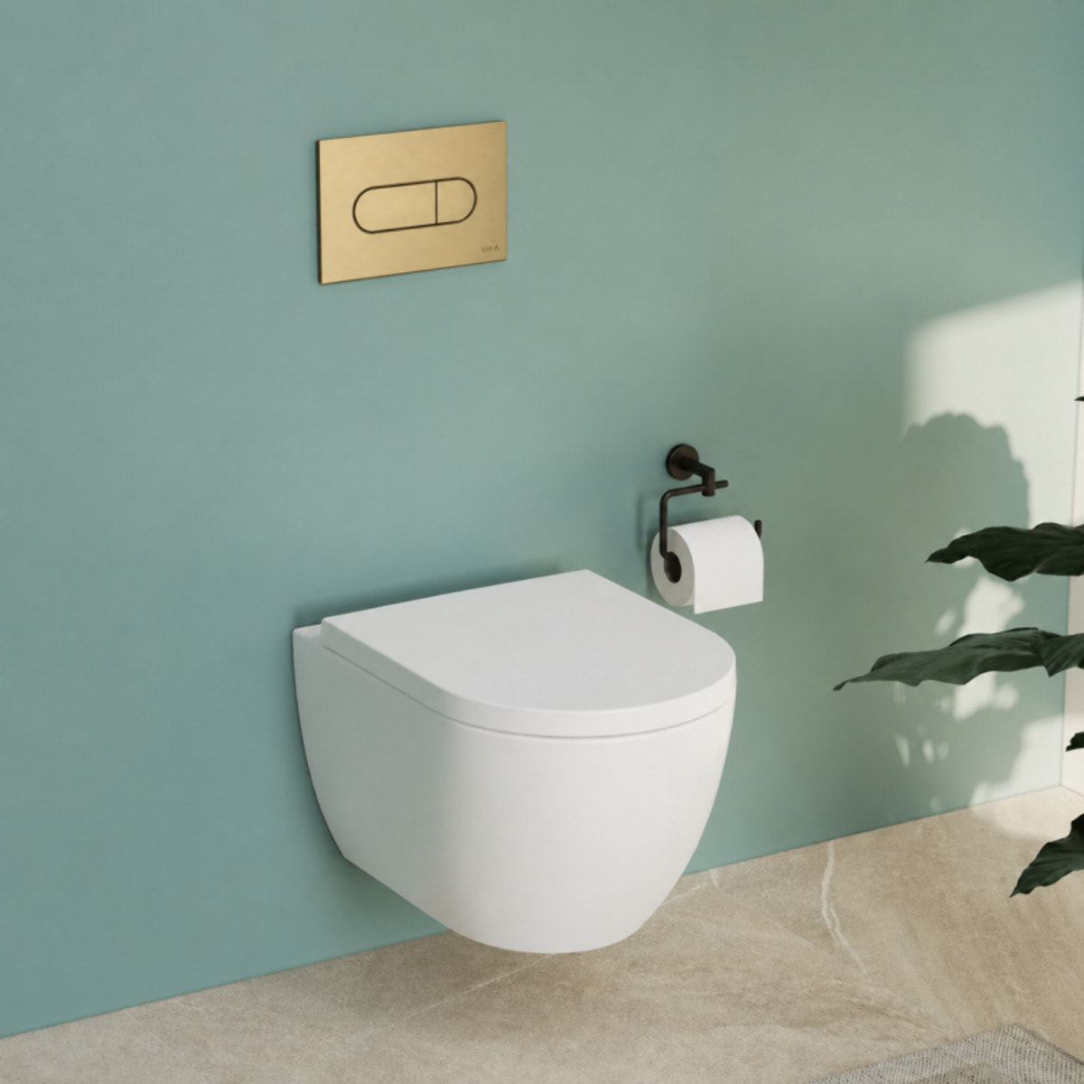 Pack WC suspendu sans bride M60 VortexFlush Round + abattant frein de chute + Bâti support autoportant + Plaque Or brossé