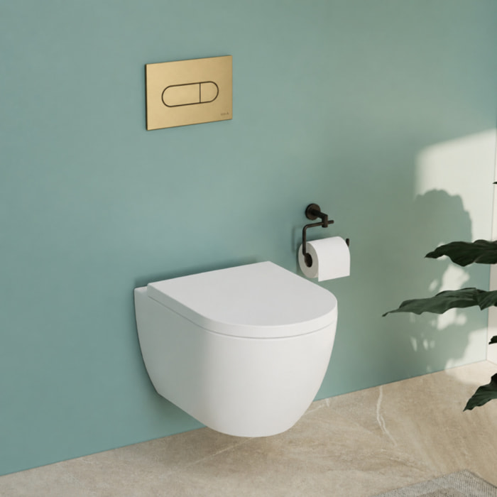 Pack WC suspendu sans bride M60 VortexFlush Round + abattant frein de chute + Bâti support autoportant + Plaque Or brossé