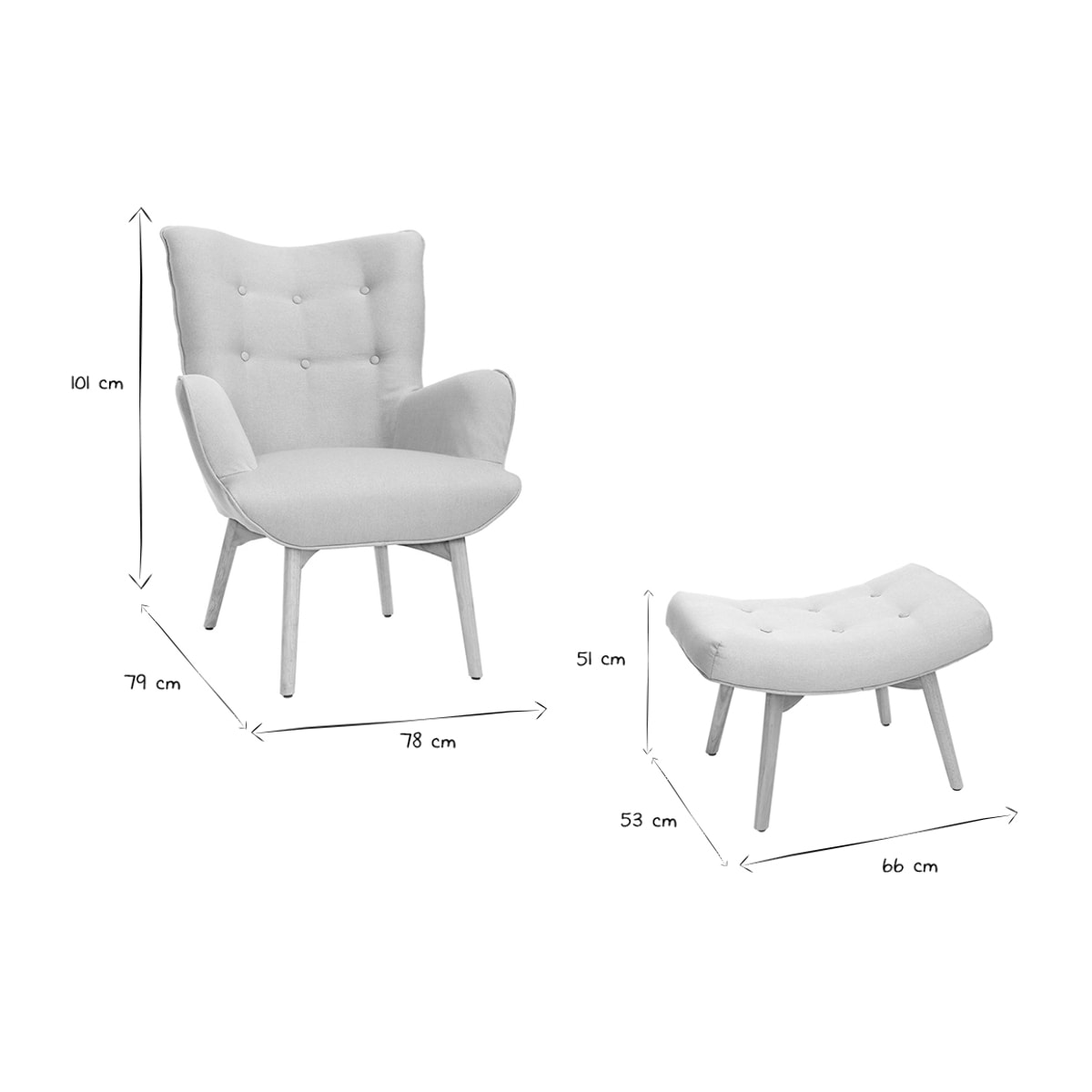 Fauteuil avec repose-pieds scandinave en tissu bleu canard et bois clair BRISTOL
