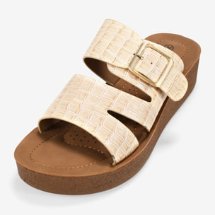 Sandalias de cuña beige efecto cocodrilo con hebilla