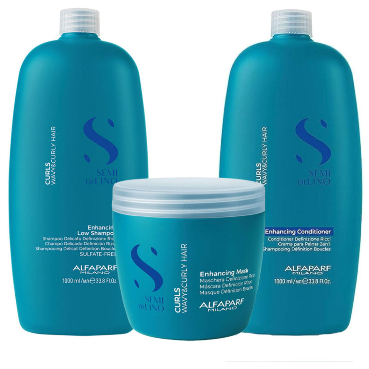 ALFAPARF MILANO Kit Semi Di Lino Curls Enhacing Shampoo 1000ml + Mask 500ml + Conditioner 1000ml