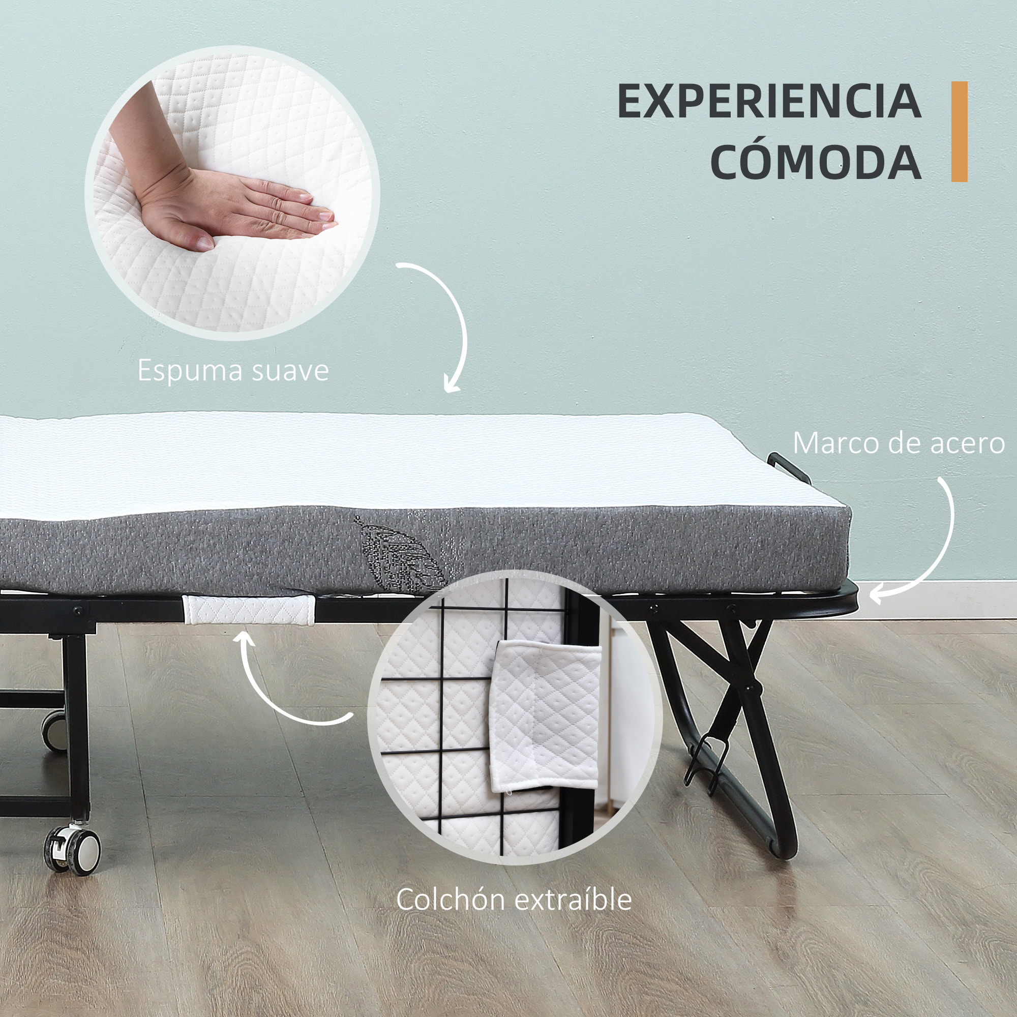 Cama Plegable 200x90x42,5 cm con Colchón Individual Ruedas para Salón Oficina