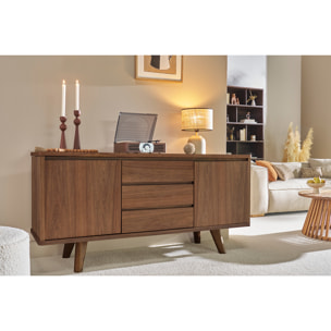 Buffet vintage en bois foncé noyer 2 portes 3 tiroirs L160 cm FIFTIES