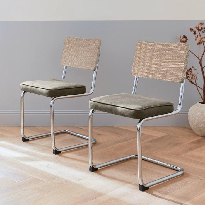 2 chaises cantilever - Maja - tissu kaki et résine effet rotin. 46 x 54.5 x 84.5cm