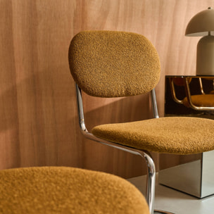 Lot de 2 chaises cantilever arrondie métal. bouclette texturée moutarde et pieds chromés - L 47 x P 54.5 x H 81cm - Maloa