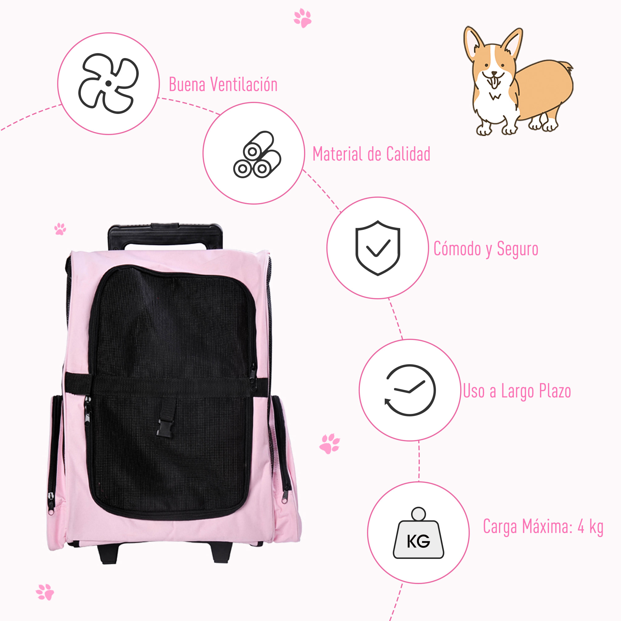 Transportin Carrito para Mascotas de Oxford 36x30x49cm Rosa