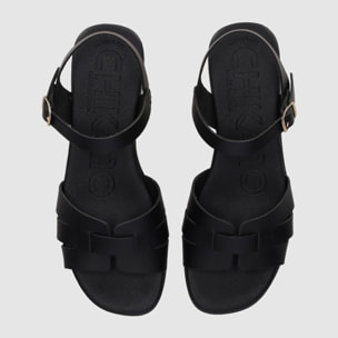 Sandalias de Piel - Negro - Tacón: Bajo