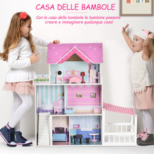 HOMCOM Casa delle Bambole in Legno per Bambini 3+ Anni con 12 Accessori, Tre Piani, Cortile e Arredamento, Rosa