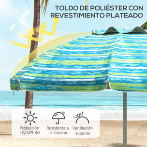 Sombrilla de Playa Ø190x215 cm Parasol para Terraza con Reclinación 45° Altura Ajustable Mesa con Portavasos Anti-UV Impermeable y Bolsa de Transporte para Jardín Piscina Multicolor