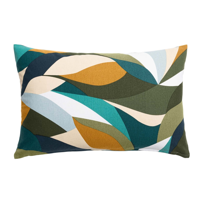 Coussin polycoton motif feuilles graphiques - Bleu