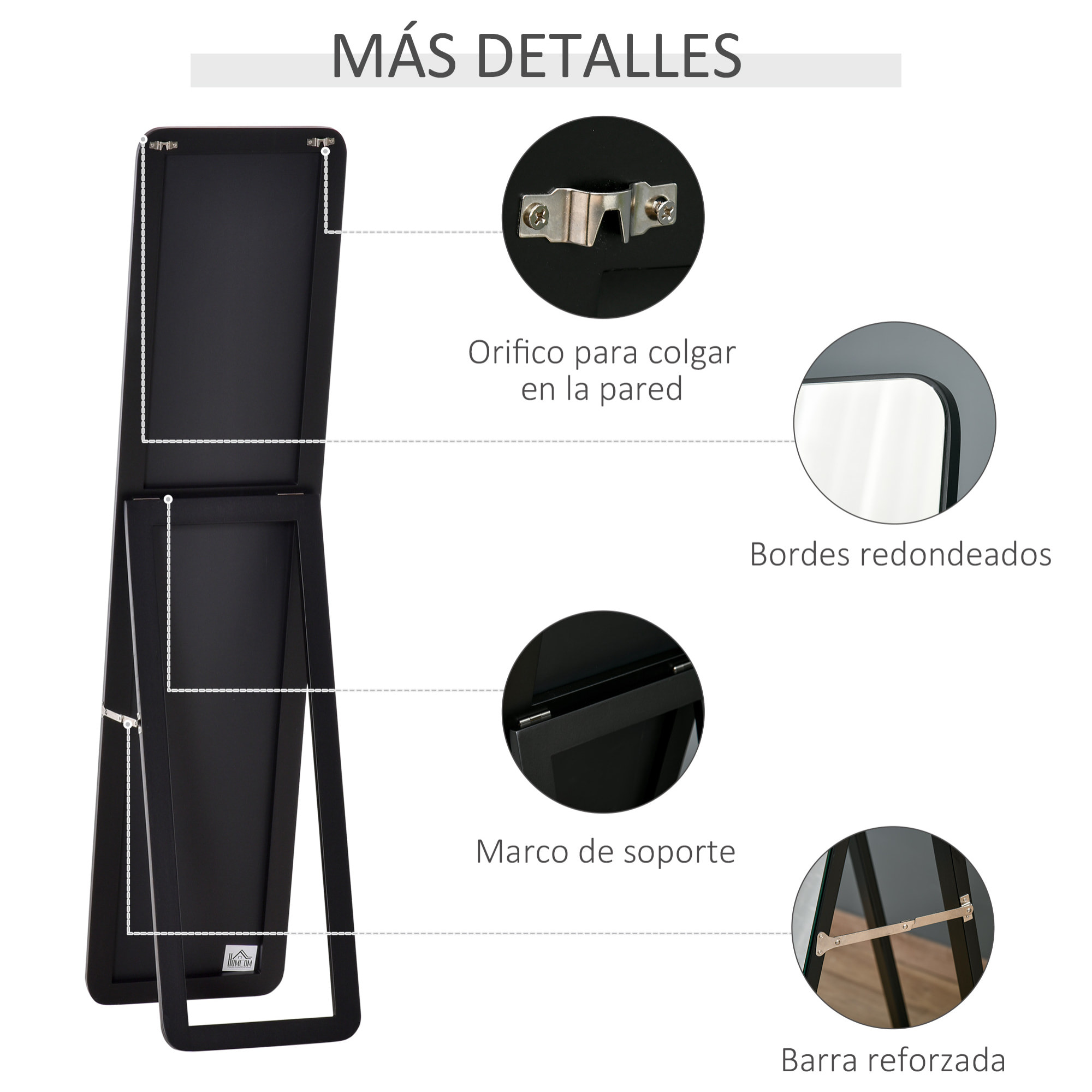 Espejo de Pie Cuerpo Entero Rectangular Espejo de Pared con 2 Formas de Uso Marco de Madera de Pino Moderno para Pasillo Dormitorio Sala de Estar 37x43x156 cm Negro