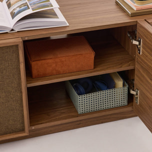 Meuble TV décor bois et tissu 3 portes 140cm KUBA