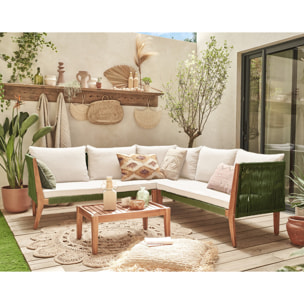 Papua - salon de jardin en bois et corde kaki - 5 places - coussins beige - Bois / Beige