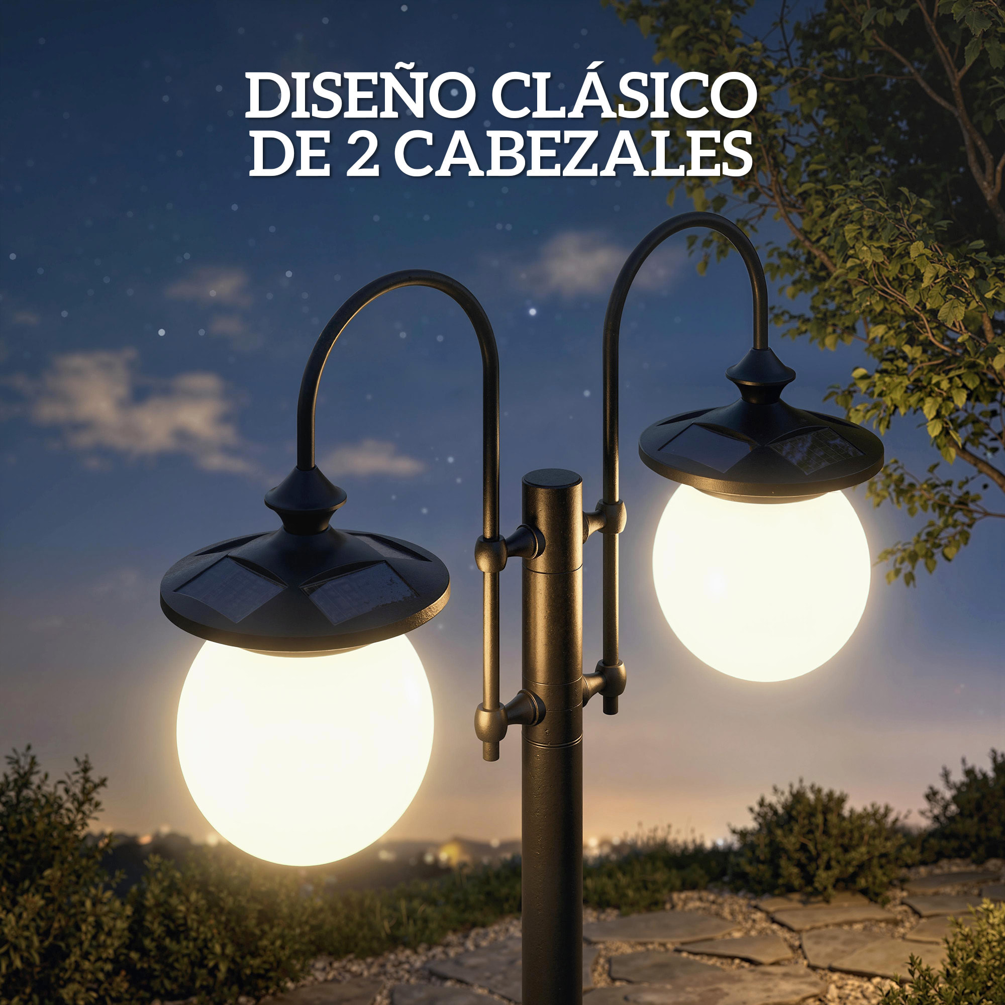 Farola Solar Exterior de Jardín con Macetero 2 Cabezales Impermeable IP44 Encendido/Apagado Automático y Altura Ajustable Luz Solar de Exterior LED para Terraza Patio 53,5x30x182 cm Negro