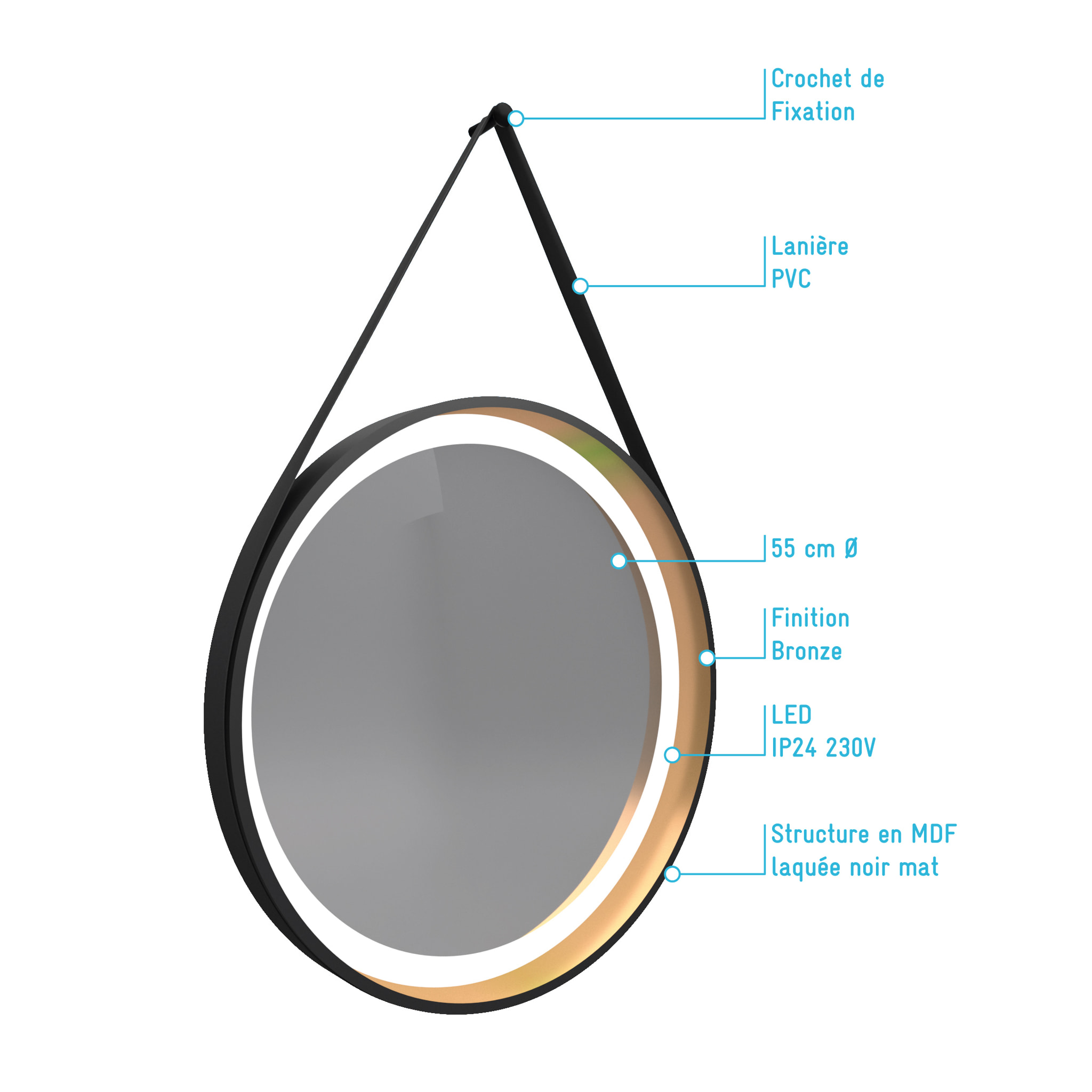 Miroir salle de bain rond - diamètre 55cm - noir mat et finition bronze - CIRCLE HORUS LED