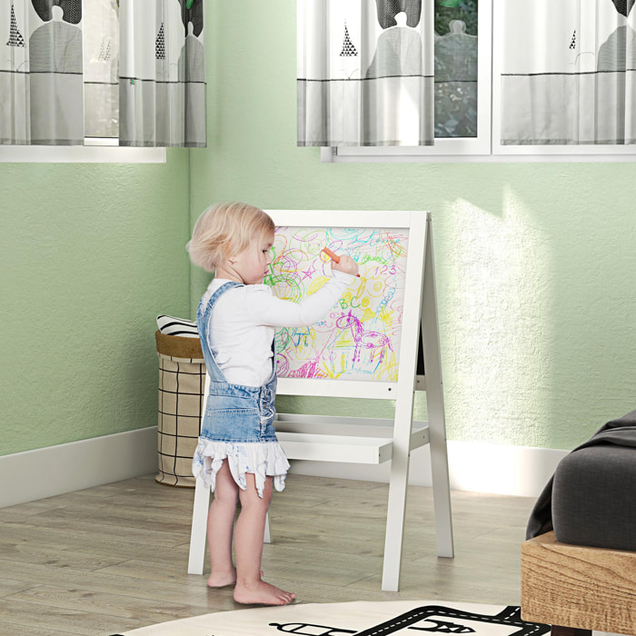 Tableau enfant double face - chevalet enfant - tableau blanc magnétique, tableau noir à craie - 2 paniers rangements - MDF blanc
