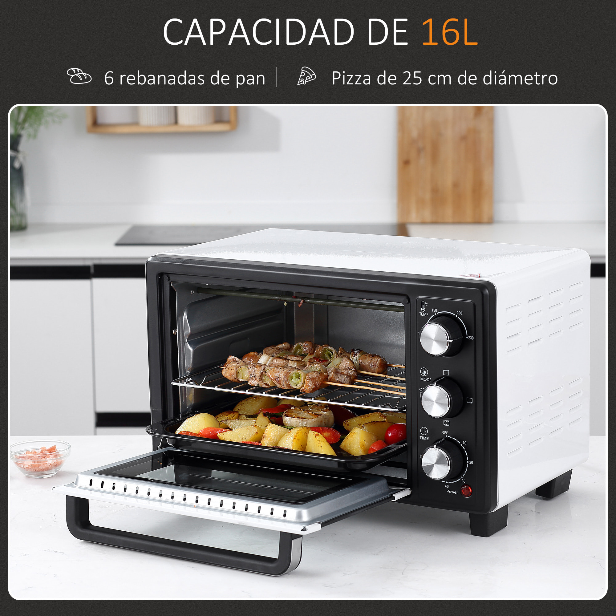 Horno Sobremesa Eléctrico 16L 1400W con 3 Modos de Calor Temperatura hasta 230 ℃ Temporizador 60 Minutos Bandeja de Horneado y Rejilla 44x32x28,1 cm Blanco y Negro