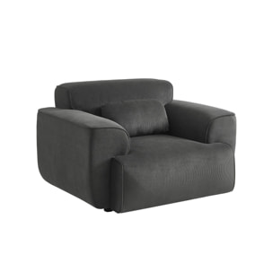 Fauteuil velours côtelé gris foncé. lignes arrondies. coussin fourni. Wallas. L 116 x P 97 x H 73cm