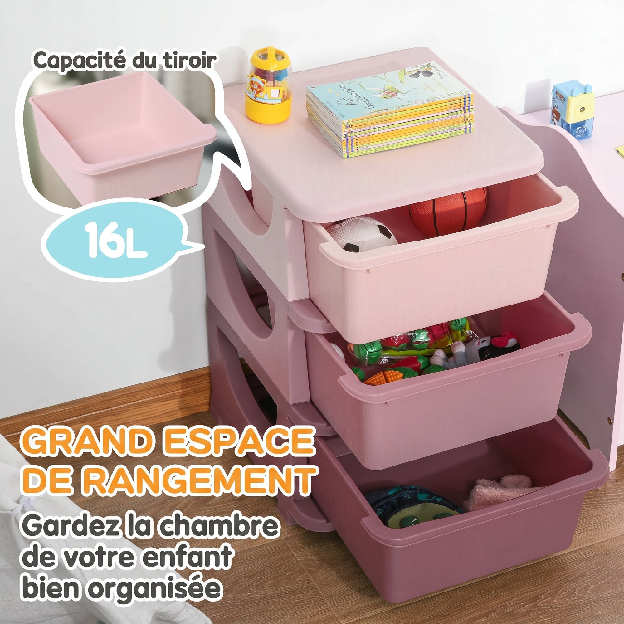 Organisateur de jouets enfant 3 tiroirs - boîtes de rangement plastique - PP rose