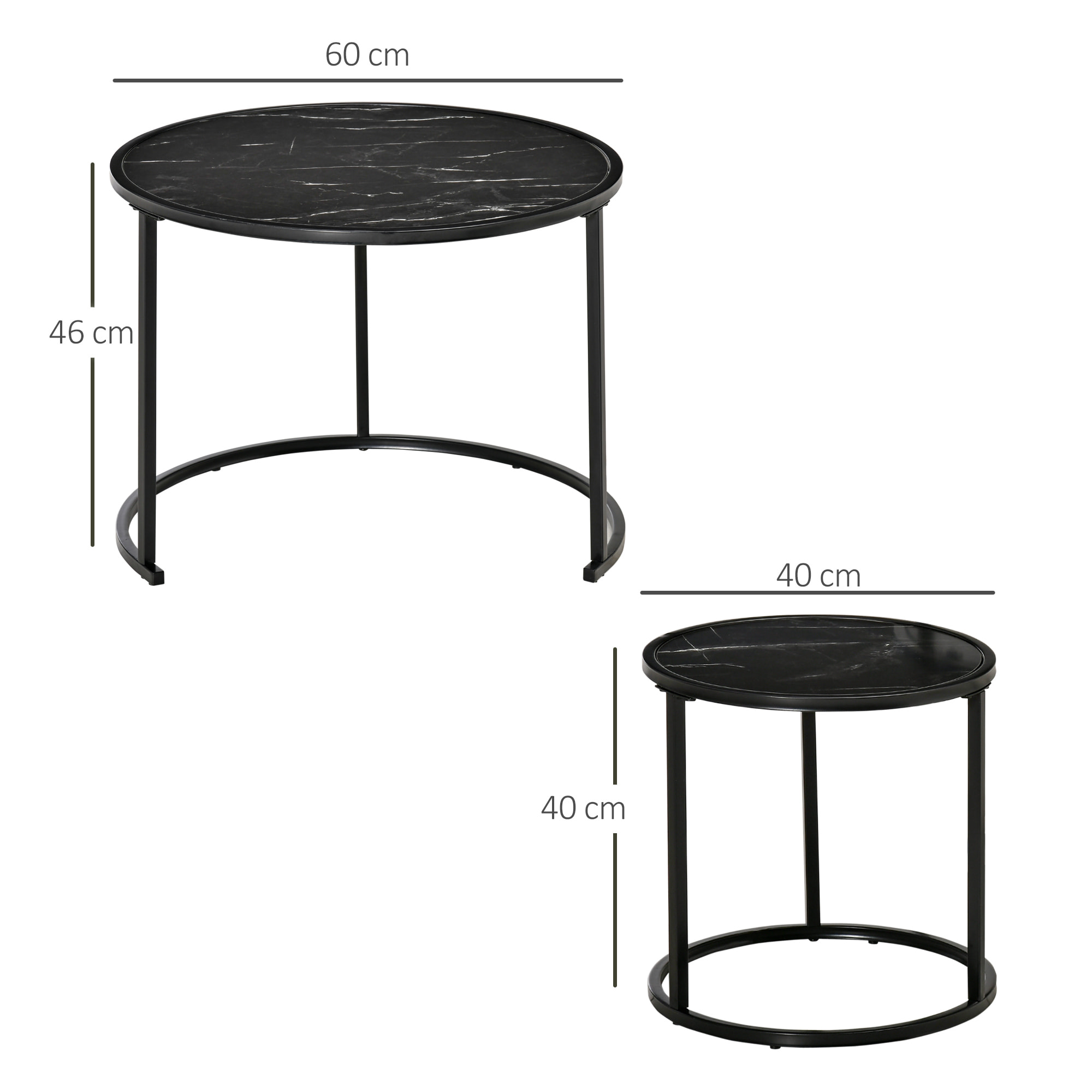 Lot de 2 tables basses rondes gigognes empilables métal noir aspect marbre noir