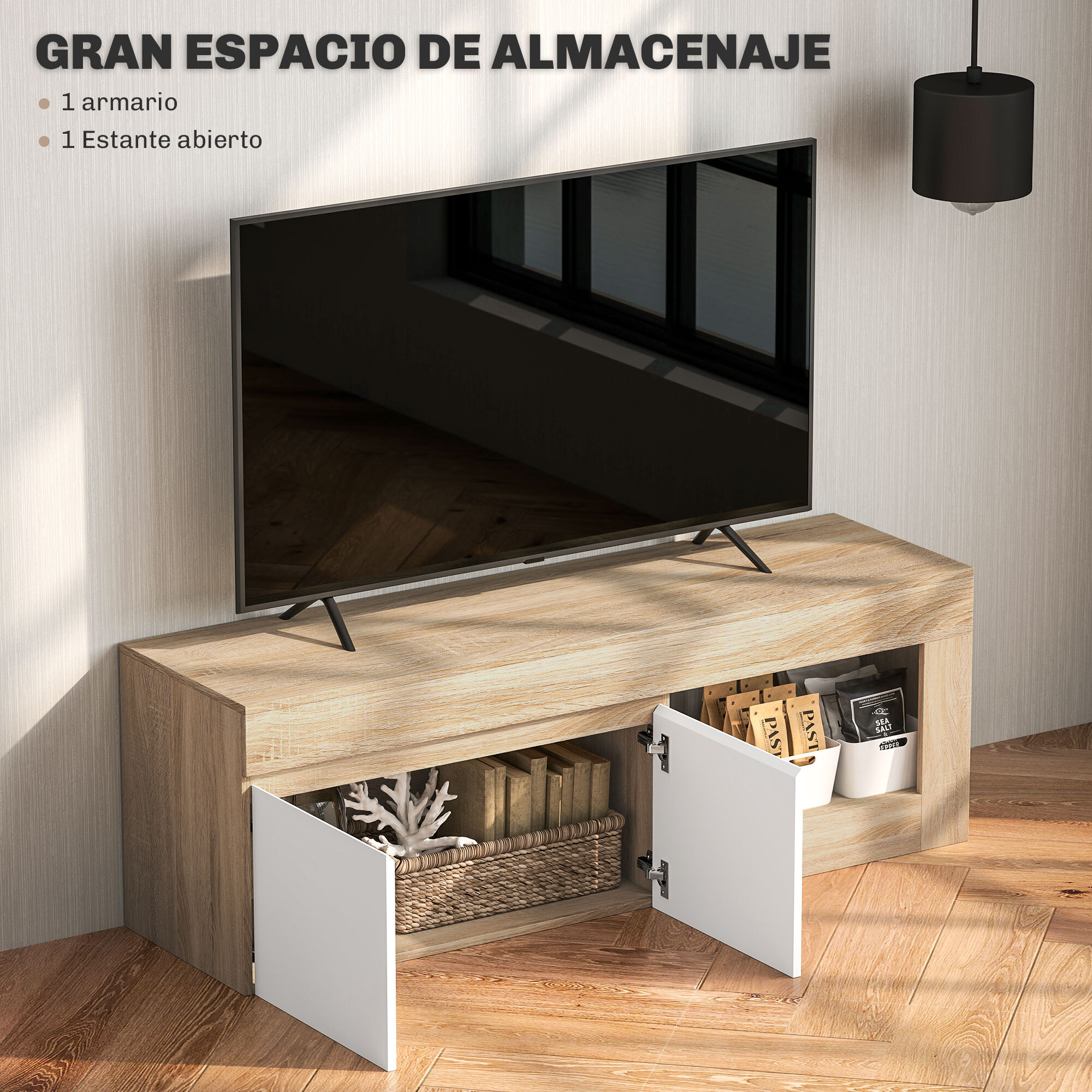 Mueble de TV Mesa de TV con 2 Puertas Estante Abierto Mueble de TV para Salón para Televisores de 60 Pulgadas Blanco y Natural