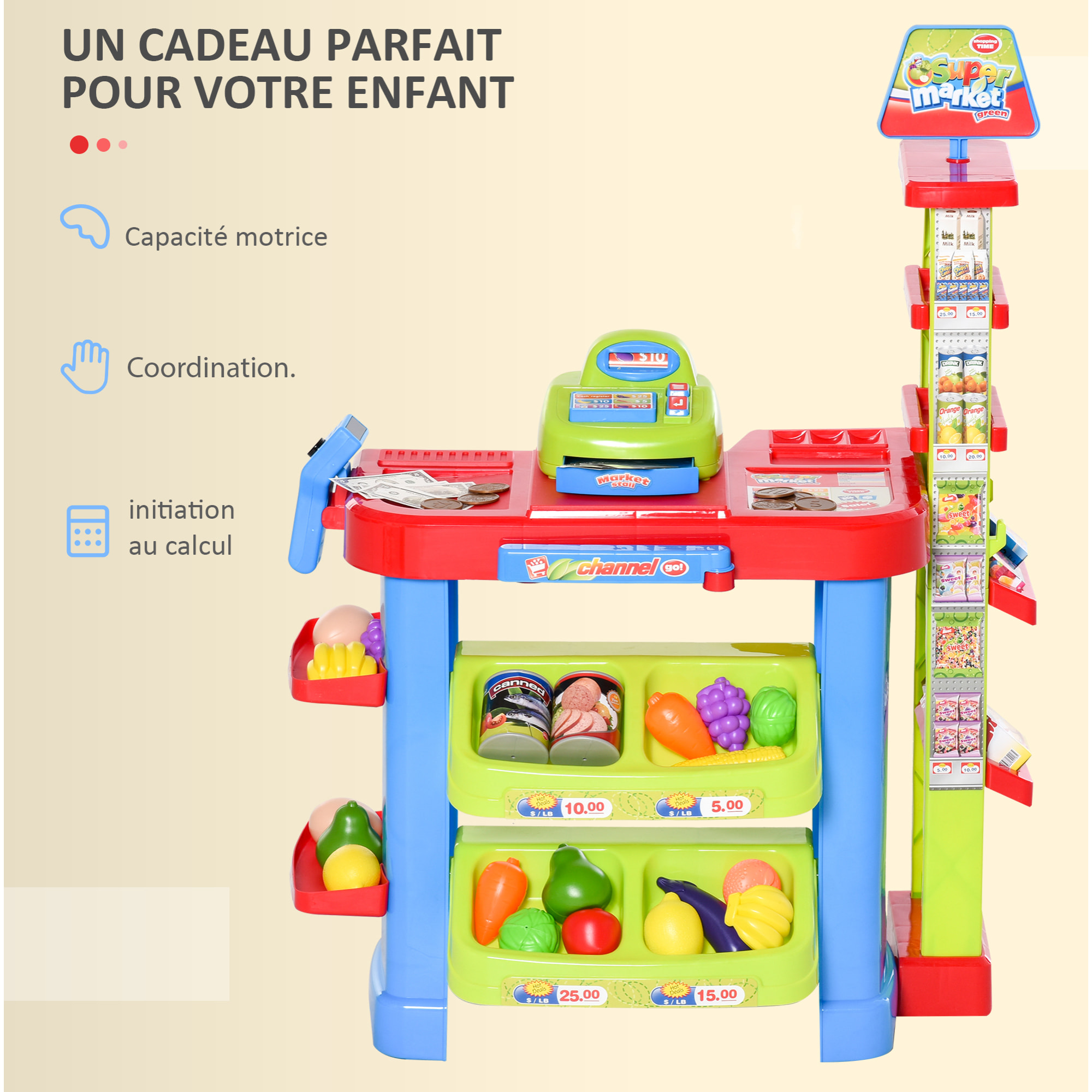 Jeu d'imitation commerçant jeu de la marchande caddie + caisse enregistreuse et 45 accessoires inclus effets lumineux sonores