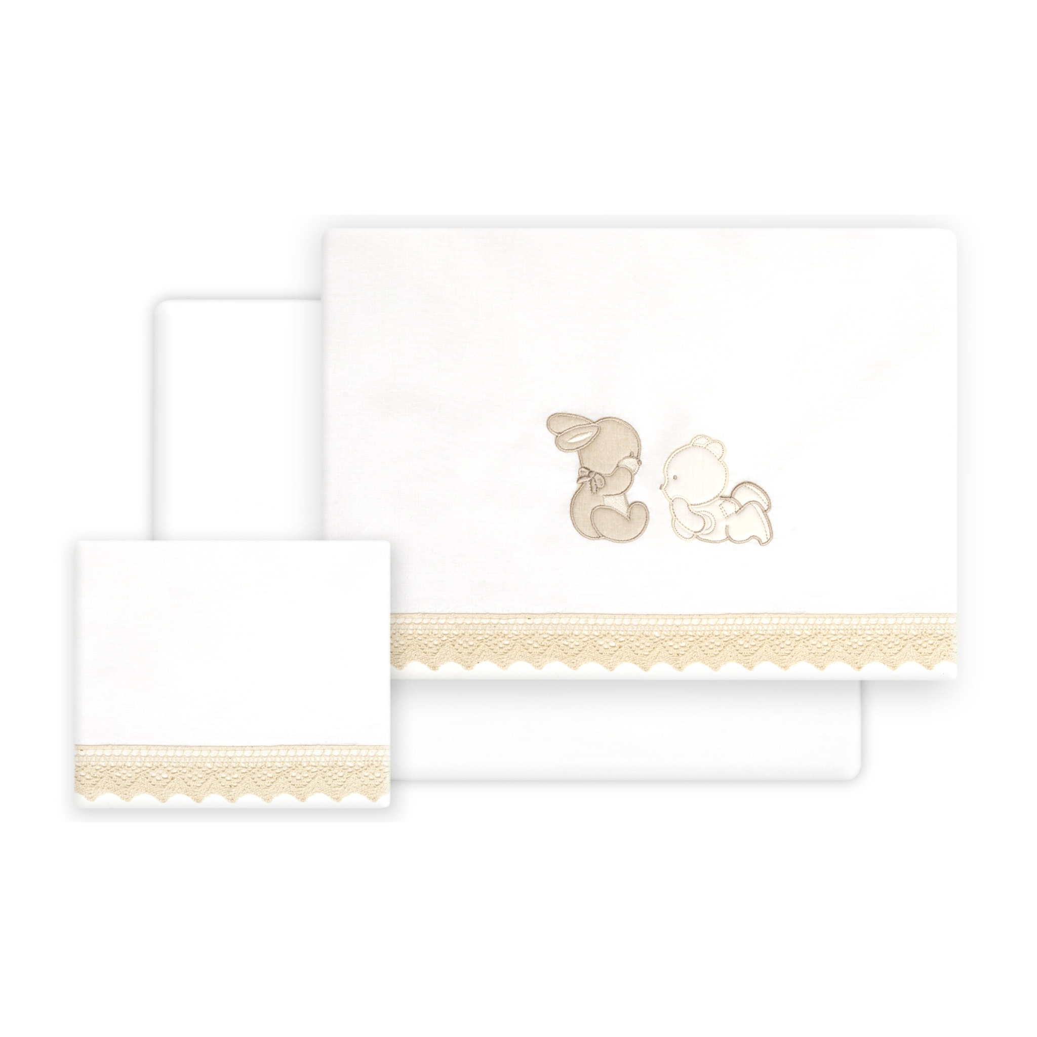 Triptico Cuna Guipur Oso Tumbado Conejito + Broche Bco/Beig