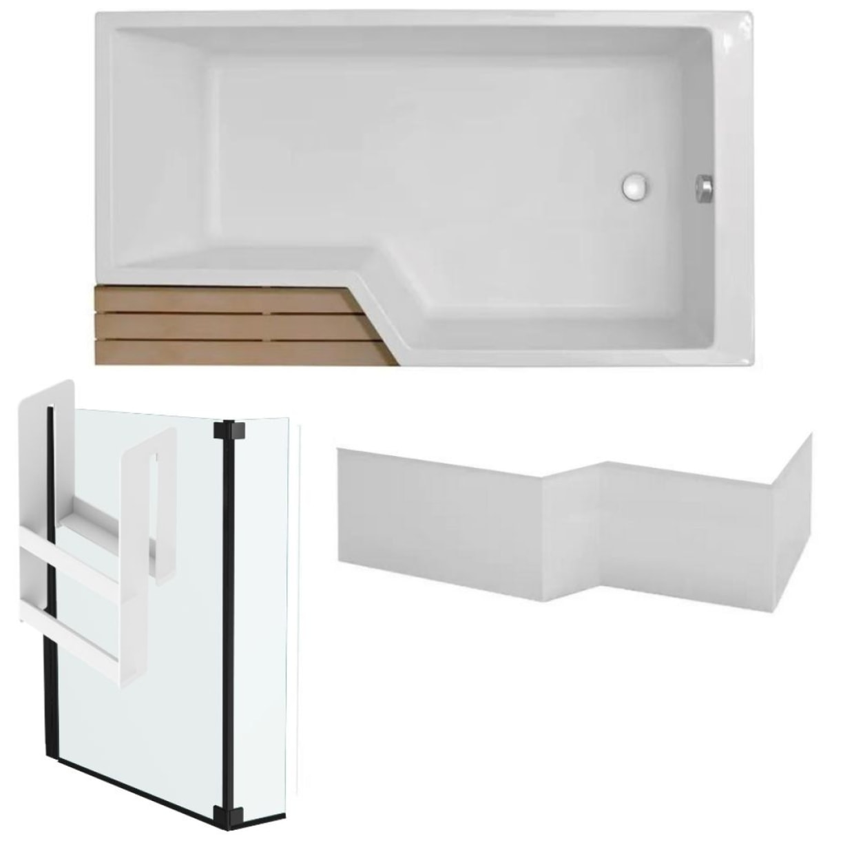 Pack baignoire bain douche antidérapante 160 x 90 Neo blanc mat - v.droite + pare bain noir mat + tablier