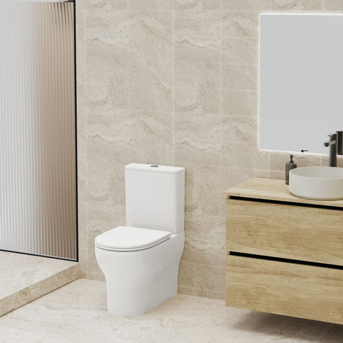 Pack WC A2 + Manguito conector | Inodoro de ceramica | Manguito extensible 150-470mm | WC con Tapa amortiguada | Doble descarga | Salida dual | Alday